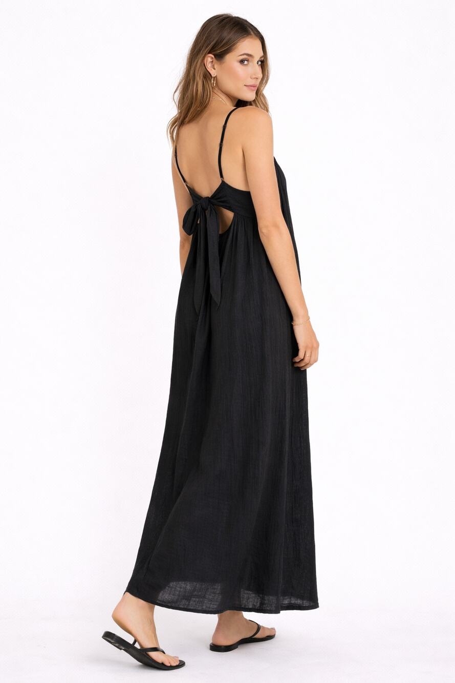Sol Angeles Relaxed Fit Gauze Maxi Dress Black Cut Out Back Womens Size M/L New